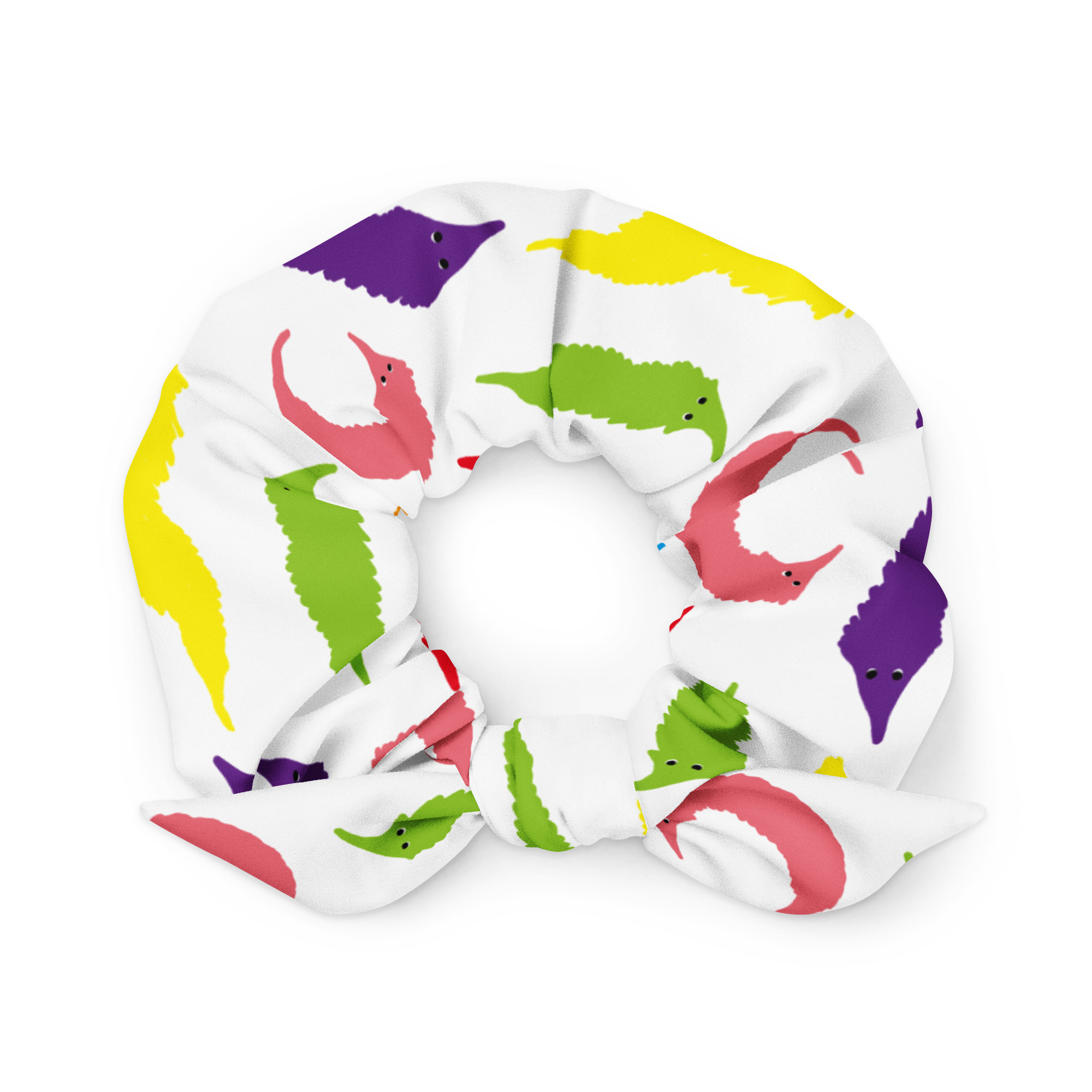 Rainbow Worm on a String Print Scrunchie
