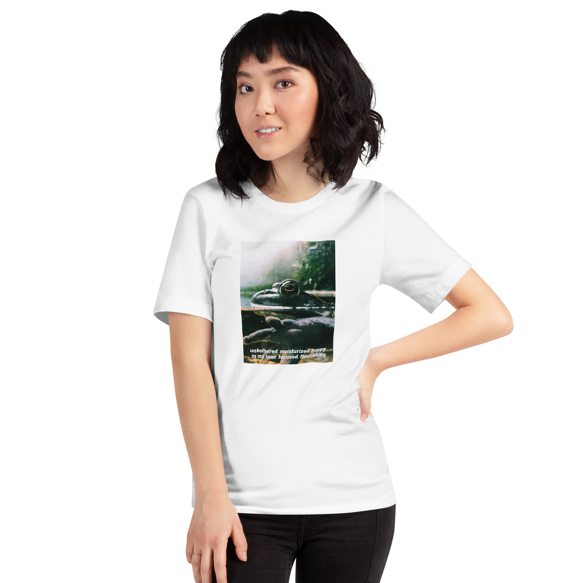 unbothered. moisturized. happy. in my lane. focused. flourishing. Frog Unisex t-shirt - Image 2