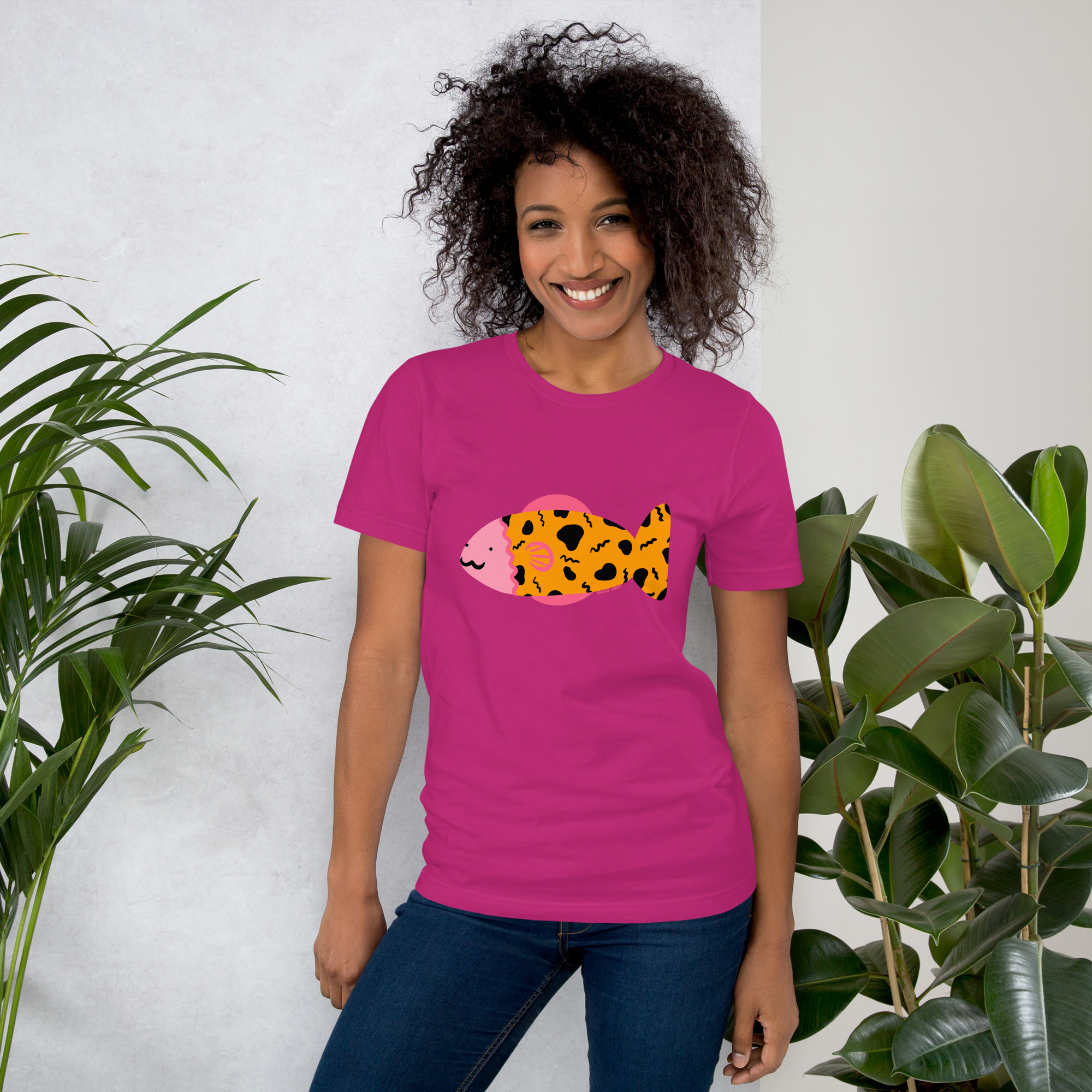 Yellow & Pink Arcade Carpet Fish Unisex T-Shirt - Image 2
