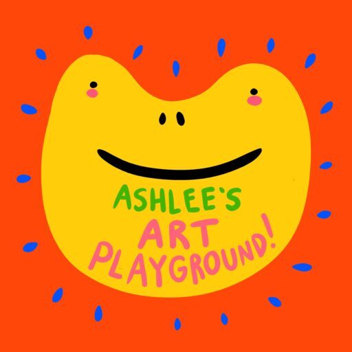 [IMAGE ID: the logo for Ashlee's Art Playground, which features a red-orange background featuring a cute yellow smiling frog face with blushing cheeks, surrounded by blue marks that look like the frog is glowing or like the rays of the sun. On top the frog, handwritten pink text reads "Ashlee's Art Playground". END ID]