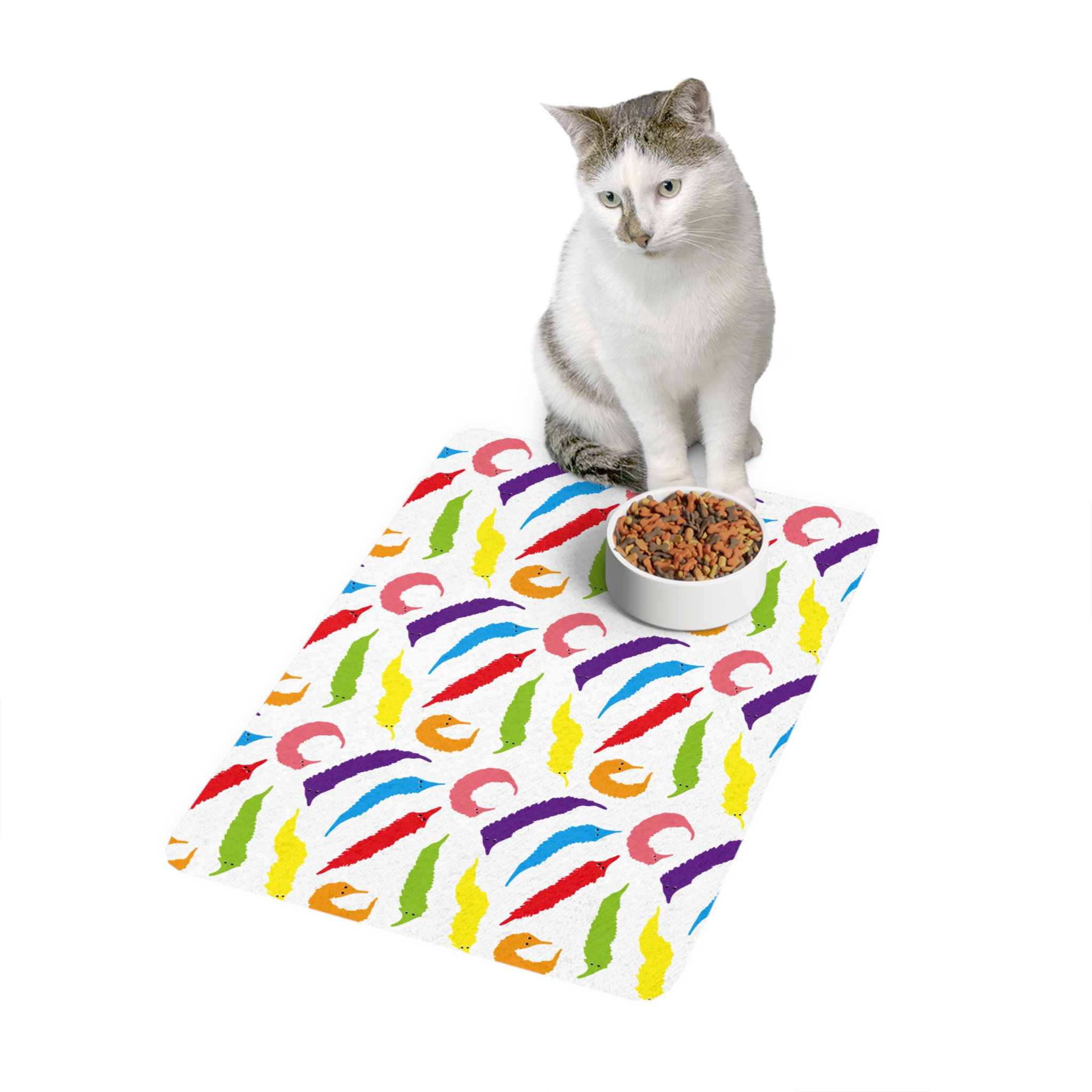 Rainbow Worm on a String Print Pet Food Bowl Mat for Dogs or Cats - 12" x 18"