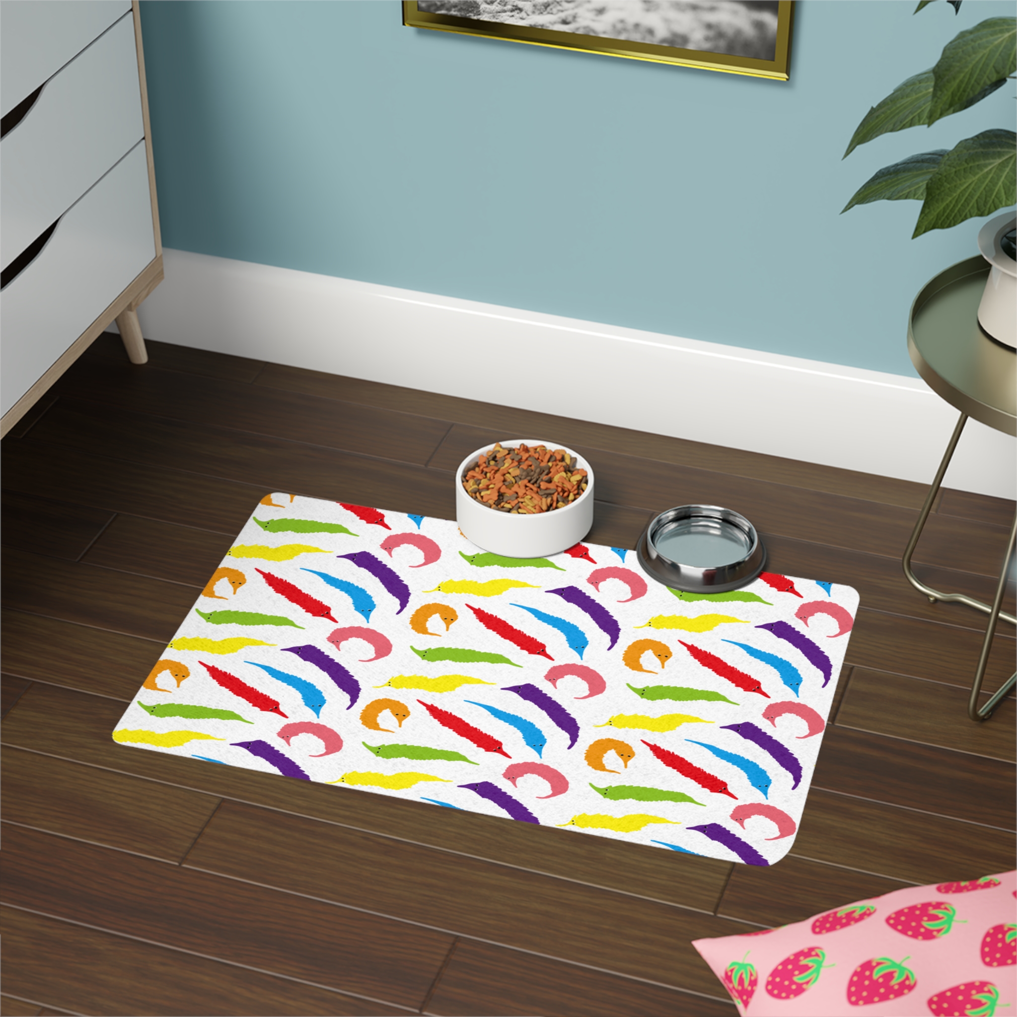 Rainbow Worm on a String Print Pet Food Bowl Mat for Dogs or Cats - 12" x 18" - Image 4