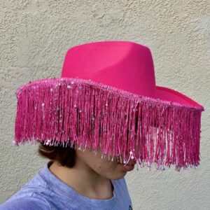 Hot Pink Cowgirl or Cowboy Hat with Long Fringe + Sequins (One Size Fits Most)