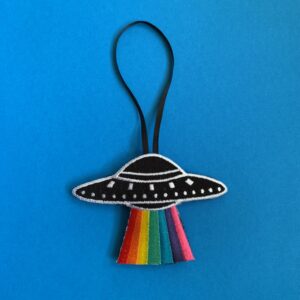 Rainbow UFO Flying Saucer Embroidered Christmas Tree Ornament: Gay Pride Space Ship Holiday Decor