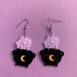 Whimsigoth Witch Cauldron Dangle Earrings with Clip On Option: Witchy Witchcore Pastel Goth Jewelry