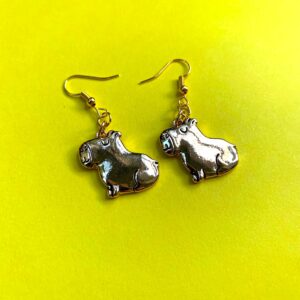 Capybara Dangle Earrings: Gold Tone Sitting Silly Animal Drop Clip On Jewelry