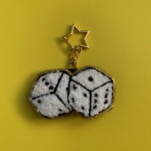 Embroidered Fuzzy Dice Bag Charm Keychain with Gold Glitter