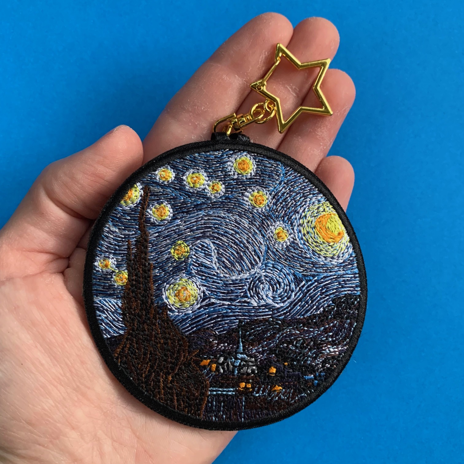 Van Gogh Starry Night Embroidered Bag Charm Classic Art Keychain - Image 4